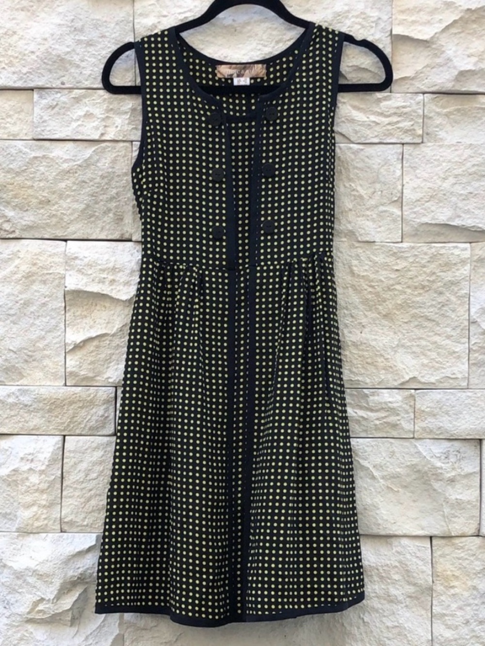 mac & jac Black Silk Midi Dress with Yellow Dot Print XS